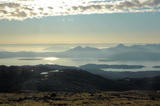From the car park at the summit there are some spectacular views across to the islands of Raasay and Skye on which the Cuillins dominate the landscape as the photo below shows.